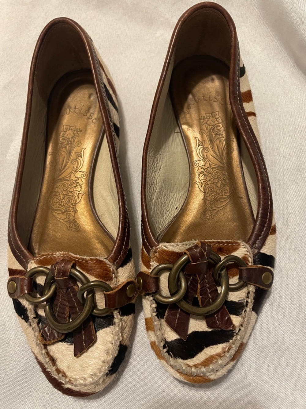Matisse Zebra-Print Leather-Trim Flats with Brass Ring Detail
